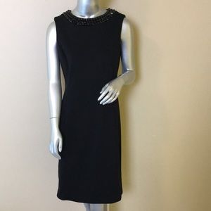 CALVIN KLEIN | Embellished Neck Ponte Knit Sheath Dress